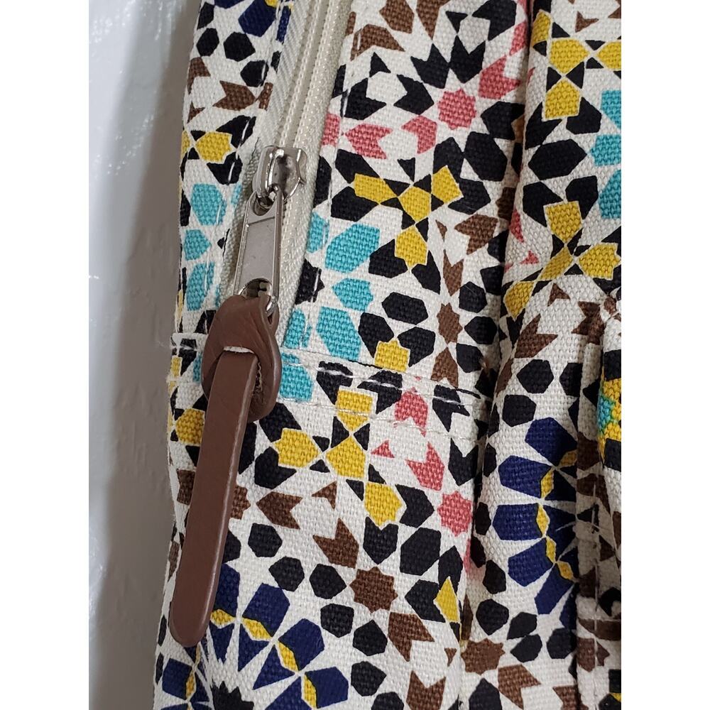 Colorful Mosaic Print Canvas Daypack with Faux Leather Trim & Front Pocket - Picture 3 of 10